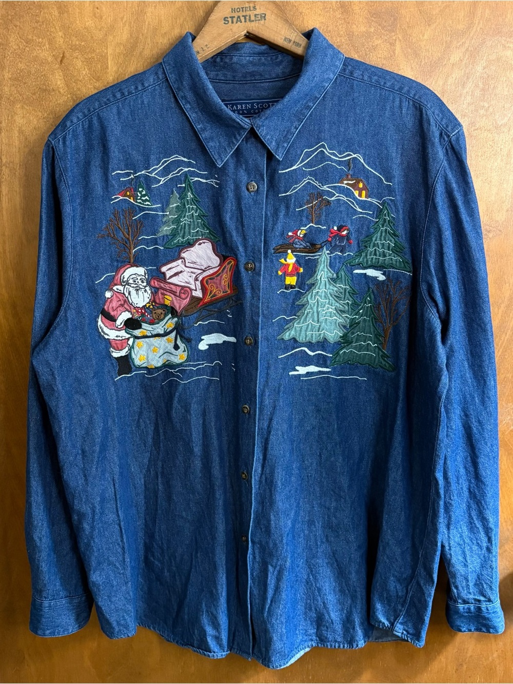 Vintage 90s Christmas Embroidered Denim Button Up Jean Shirt XL Santa Claus Tree